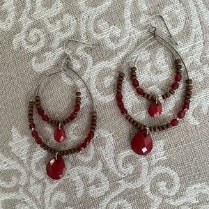 Pretty Silver Tone Brown Red Bead Earrings